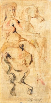Image of small tempera painting of girl sitting astride a rearing horse by Reginald Marsh.