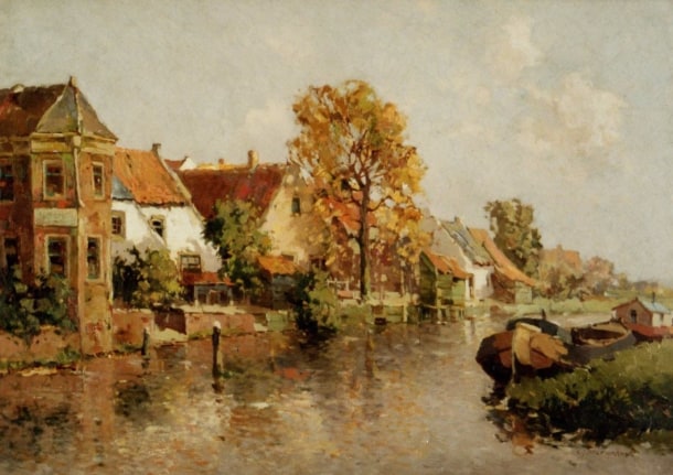 Image of sold oil painting showing an Amsterdam Canal  edged by houses and houseboats by Johannes Delfgaauw.