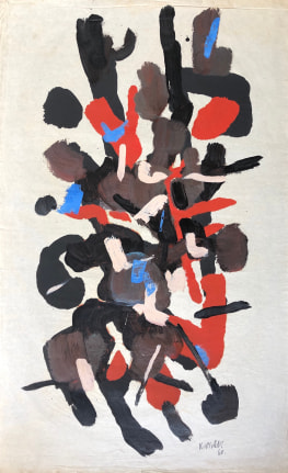 Image of untitled (106) abstract mixed media artwork by John Von Wicht in black, red, blue and brown.