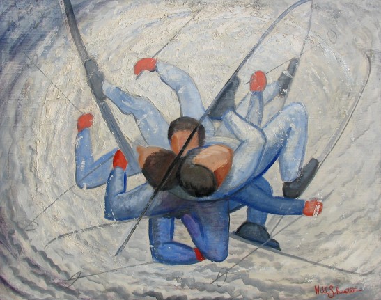 Image of sold oil painting by Will Shuster titled Reflections of a Falling Snow Bunny, showing a skier flipping around.