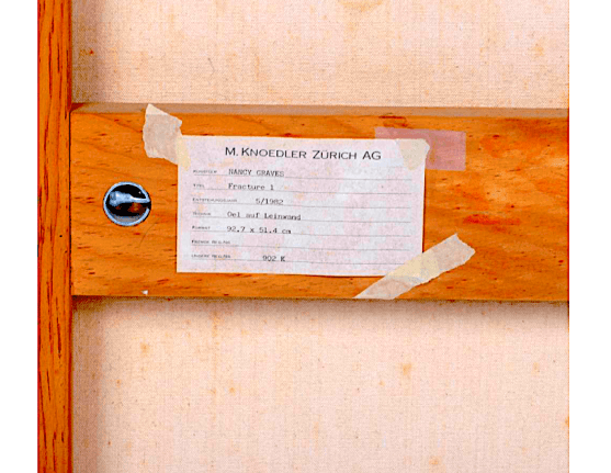 Image of M. Knoedler Zurich AG label verso on &quot;Fracture 1&quot; by Nancy Graves.