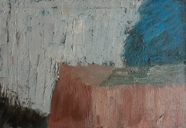 Image of abstract painting entitled Composition by Robert Colescott, in white, blue, black and brick.