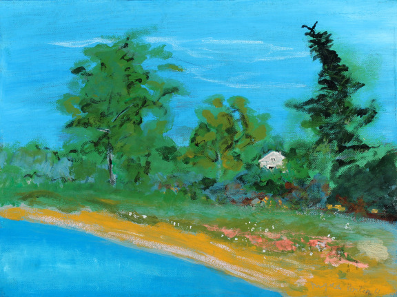 Image of sold oil painting by Fairfield Porter of a house set back in trees by the edge of a lake.