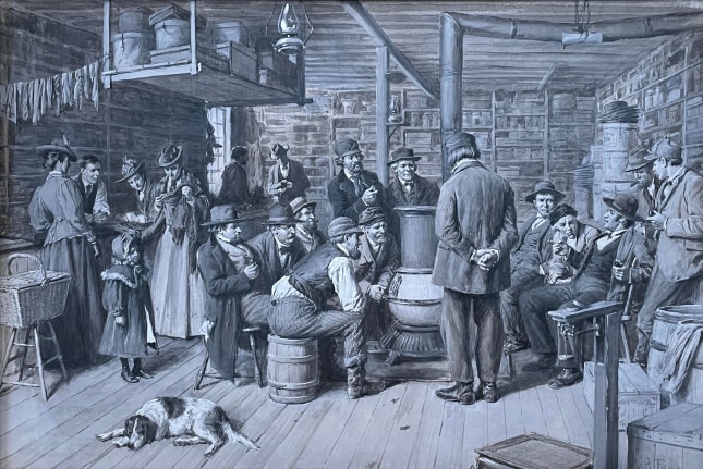 Image of Arthur B. Frost's painting &quot;The Country Store as a Social Centre&quot; showing a crowd of men talking around a pot bellied stove, while other customers look at wares the store has for sale.