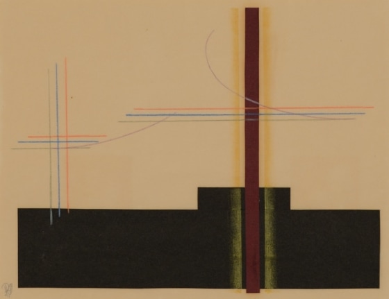 Image of sold abstract collage by Dwinell Grant entitled &quot;Contrathemis #493&quot; showing a strong black form with minimalist lines coming out of it.