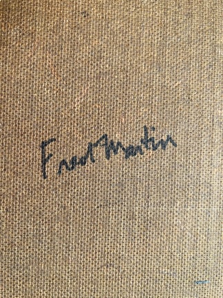 Image of signature on orange acrylic and pastel abstraction by Fred Martin.