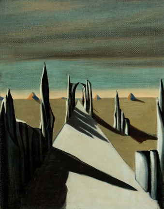 Image of sold surrealist bleak landscape oil painting by Kay Sage titled "White Silence".