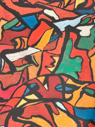 Closeup image of untitled abstraction (004) by Fred Martin in reds and other colors.