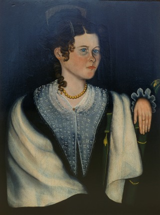 Image of sold oil portrait of Anna Rice by Sheldon Peck showing the sitter wearing a black dress with lace at the neck and cuffs and a white shawl over her shoulders. .