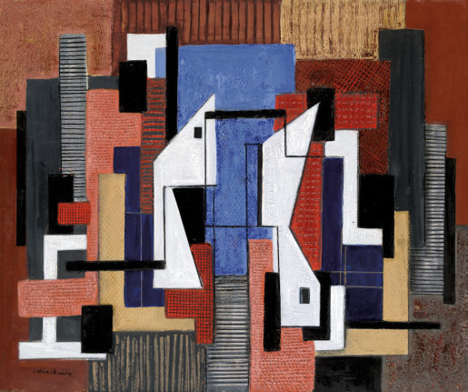 Image of Irene Rice Pereira's sold oil and mixed media untitled abstraction. in reds, yellows, blues and blacks.