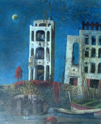 Image of Eugene Berman's sold oil painting titled &quot;Procida Nocturne&quot; depicting two white buildings with arched windows behind a stone wall on which stands a figure in a red cloak.