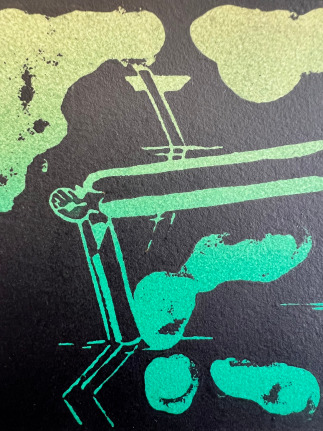Closeup image of untitled 1974 abstract lithograph by Hans Burkhardt in greens, red and black.
