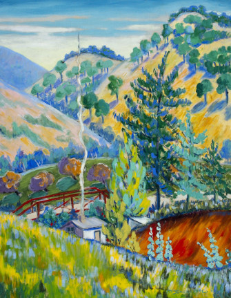 Image of sold oil painting of west Virginia hills with a small bridge near a house with smoke rising from the chimney by M. Inez McCurdy.