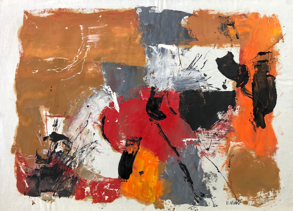Image of untitled (108) mixed media artwork by John Von Wicht in ochre, red, black, white and orange.