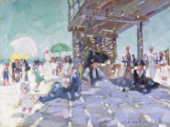 Image of Paulette Van Roekens sold oil painting &quot;On the Beach&quot; showing people sitting under a boardwalk or walking on the beach with umbrellas.