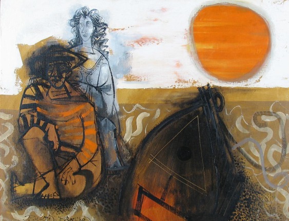 Image of Byron Browne oil painting On the Beach showing two figures, one sitting and one kneeling next to a boat pulled up on the shore, with a orange sun setting in the distance.