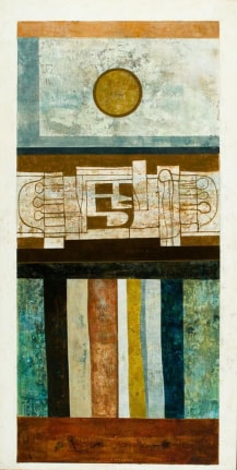 Image of Jack Wolsky's abstract oil painting titled "Series 67 #4" done in blues, greens, browns and black.