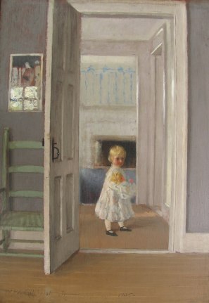 Image of William Wallace Gilchrist Jr. oil painting entitled &quot;Girl with Doll&quot; showing a young girl in a white dress standing in a doorway holding a doll.