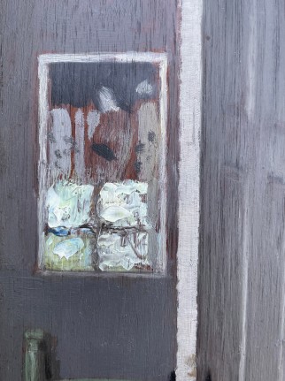 Image of a closeup detail in &quot;Girl with Doll&quot; painting by William Wallace Gilchrist showing an impressionist painting hanging on the wall near the doorway.