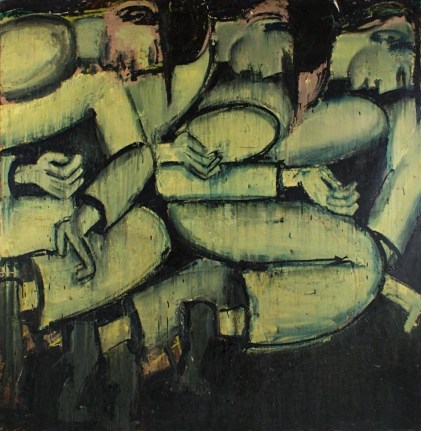 Image of abstract oil painting entitled &quot;Men Walking #1&quot; by Lester Johnson showing three solid figures of men with hats stepping with one leg raised and arms akibo.