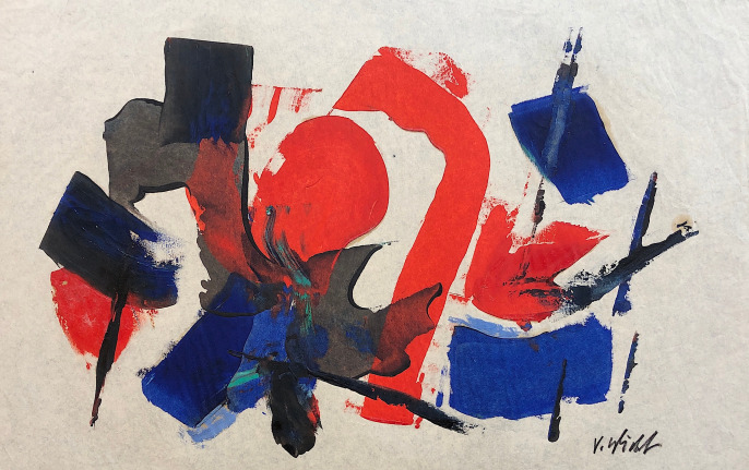 Image of untitled (029) abstract mixed media artwork by John Von Wicht in red, blue and black.