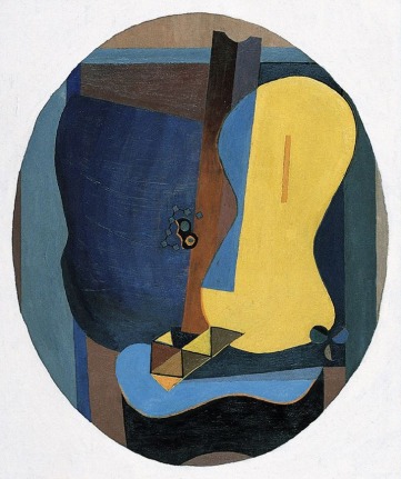 Image of Albert Eugene Gallatin's sold abstract painting titled &quot;Synthetic Cubist Composition&quot; in blues, browns and yellow.
