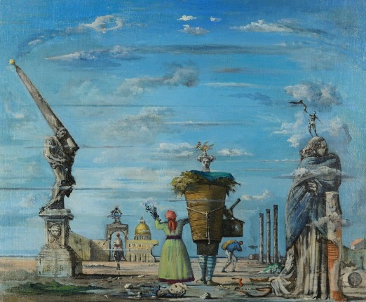 Image of sold Eugene Berman oil painting depicting an imaginary view of Rome with some ruined sculptures and buildings, plus several figures walking away from the viewer.