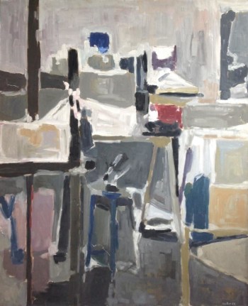 Image of sold abstract oil painting entitled &quot;50F&quot; by Raymonde Godin in grays, whites, creams and yellows.