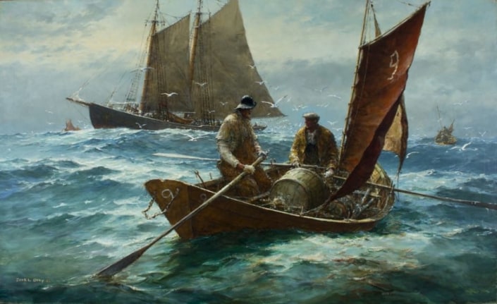 Image of sold oil painting by Jack Gray entitled &quot;Banquereau Bank&quot; showing two sailers in a small sailed skiff with other boats and seagulls in the distance..