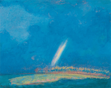 Image of sold oil painting by Theodore Earl Butler entitled &quot;Plain of Giverny Rainbow&quot; showing a landscape with a rich blue sky and a partial rainbow in it..
