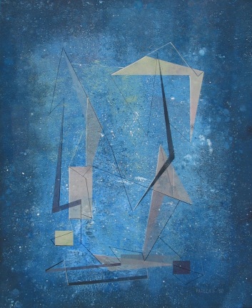 Image of sold abstract mixed media painting by Albert Patecky in blues and grey.