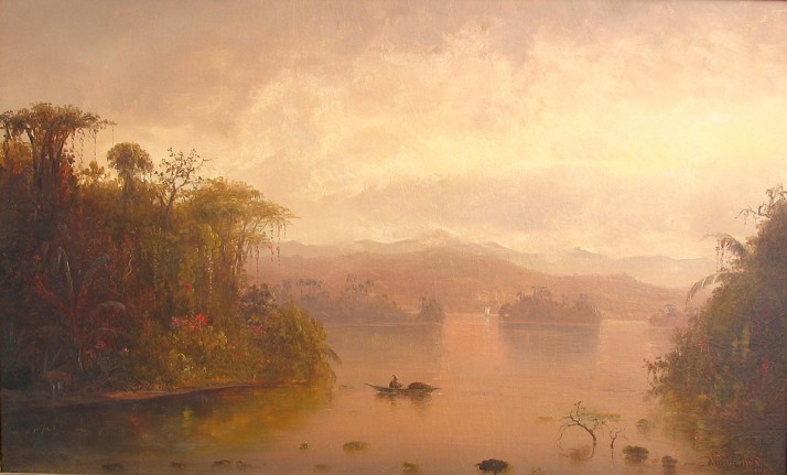 Image of sold Norton Bush oil painting titled In the Tropics, South America, 1889, showing a lake surrounded by tropical, thick forests with mountains in the distance.