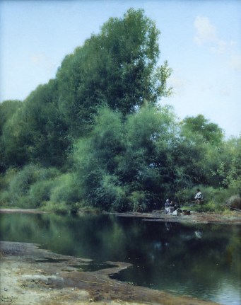 Image of sold oil painting of an Afternoon Outing on the bank of a river with trees in the background by Emilio Sanchez-Perrier.