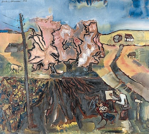 Image of sold oil painting showing a man painting a woman seated in a chair near the Delaware Water Gap by Sterling Strauser.