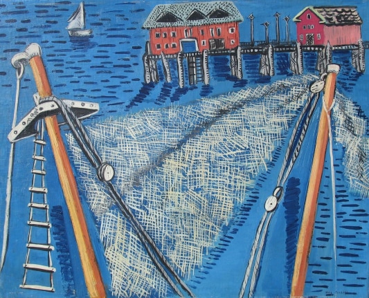 Image of sold oil painting by Irene Rice Pereira titled "Pier" showing ship masts in the foreground and a pier with red buildings on it in the background.