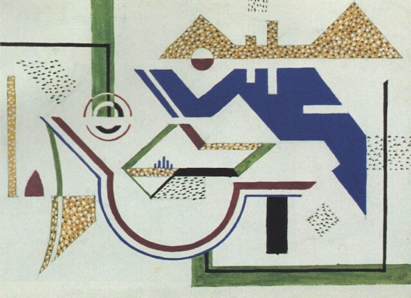 Image of sold abstract gouache by Alexander Corazzo with blues, greens, golden yellow and rust on a light background.