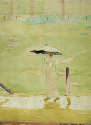 Image of sold watercolor entitled &quot;Rainy Day in the Park&quot; by Stuart Davis showing a woman with an umbrella walking in the park.