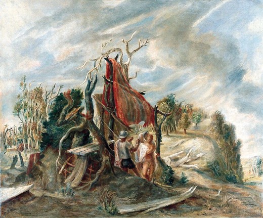 Image of a painting with two people talking, entitled "Fish Story" by William Palmer.