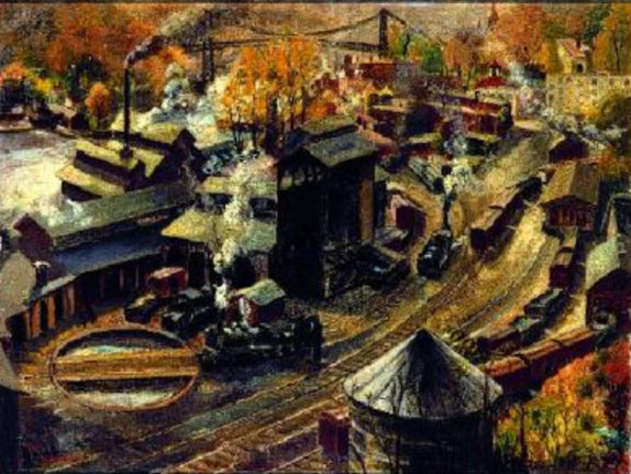 Image of sold oil painting by Harry Gottlieb entitled &quot;The Roundhouse&quot; showing a train yard near a city with a roundhouse for turning trains around..
