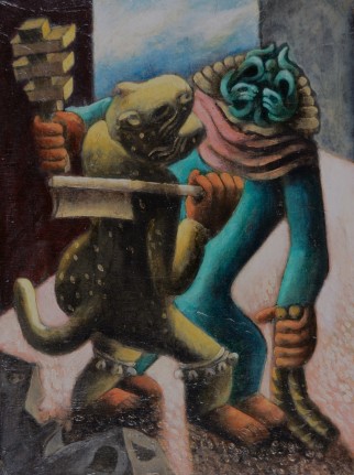 Image of abstract oil painting by Julio De Diego titled "Tlaloc and the Tiger" showing two beast-like figures with clubs.