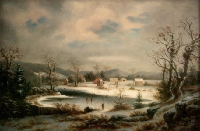 Image of sold oil painting of Connecticut winter scene with several figures skating by George Gunther Hartwick.