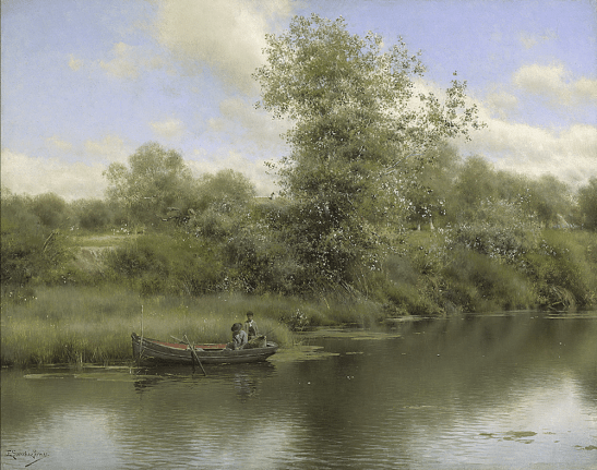 Image of sold oil painting of Figures in Boat on a river by Emilio Sanchez-Perrier.