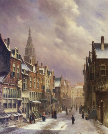 Image of sold oil painting by Oene Romkes de Jongh depicting a city street scene with figures.