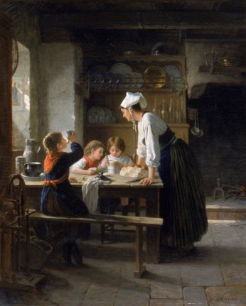 Image of sold oil painting entitled &quot;Enjoying Their Lunch&quot; by Paul Seignac showing three young children eating at a table while their Mother leans on the table watching them.
