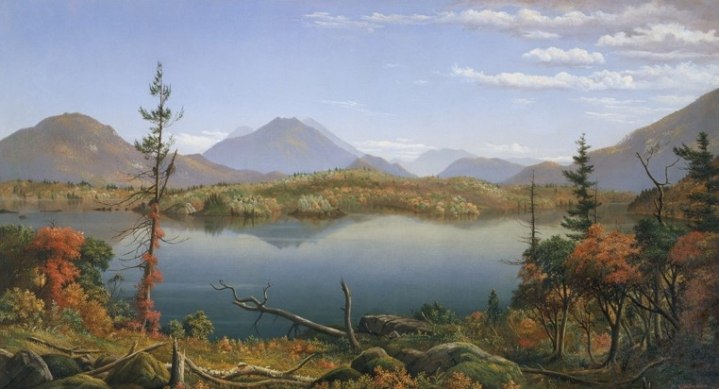 Image of Levi Wells Prentice's sold painting of a fall landscape and lake in the Adirondacks.