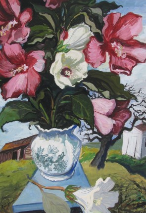 Image of sold gouache painting by Gregorio Prestopino entitled "Peonies in Rural Landscape".