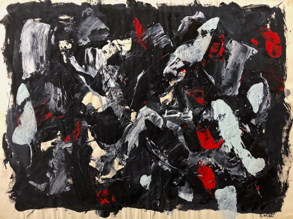 Image of untitled (065) abstract mixed media artwork by John Von Wicht in black, red and white.