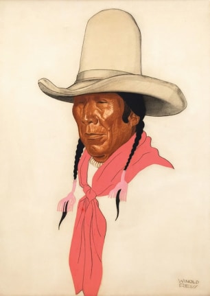 Image of sold pastel portrait of Native American Weasel Moccasin wearing a tall white hat and a coral neckerchief by Winold Reiss.