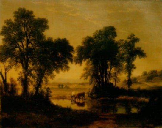 Image of sold oil painting by Asher B. Durand entitled &quot;In New Hampshire&quot; depicting a countryside with trees and a lake and some cattle.