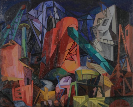 Image of "Environs of a Bridge" painting by artist Seymour Franks depicting a colorful cubist abstract city scene with buildings in reds, purples, blues, grays, greens and yellows.
